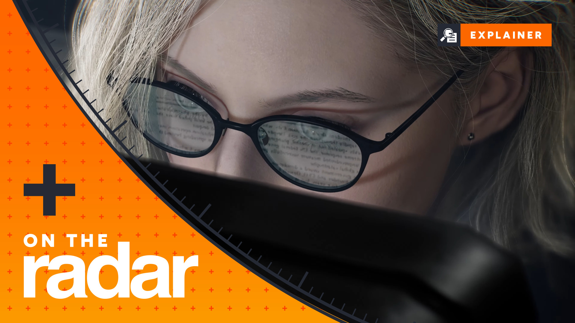 Grace's PC screen is reflected in her glasses in Resident Evil Requiem, with the GamesRadar+ On The Radar frame