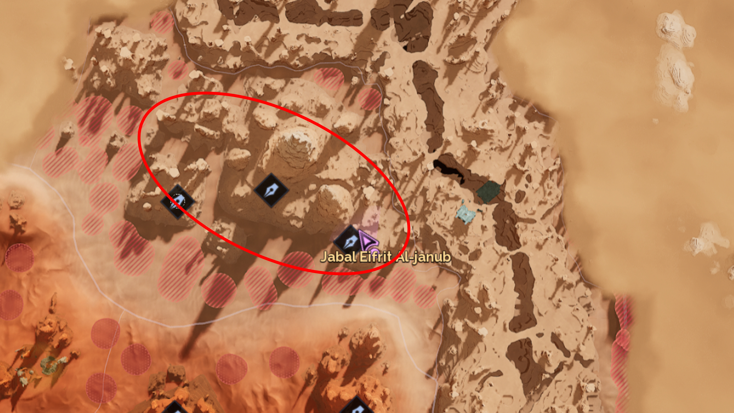 Dune: Awakening carbon ore locations - A map with a red oval highlighting the Jabal Eifrit Al-janub region where you'll find carbon ore nodes.