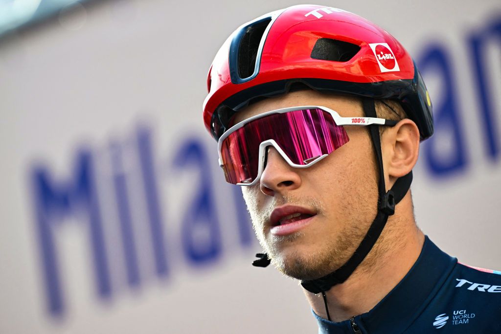 Lidl-Trek's Italian rider Jonathan Milan looks on prio to the start of the 115th Milan-SanRemo one-day classic cycling race, in Pavia, on March 16, 2024. (Photo by Marco BERTORELLO / AFP)
