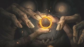 Gollum holds up the One Ring, art from the My Precious card in Magic: The Gathering