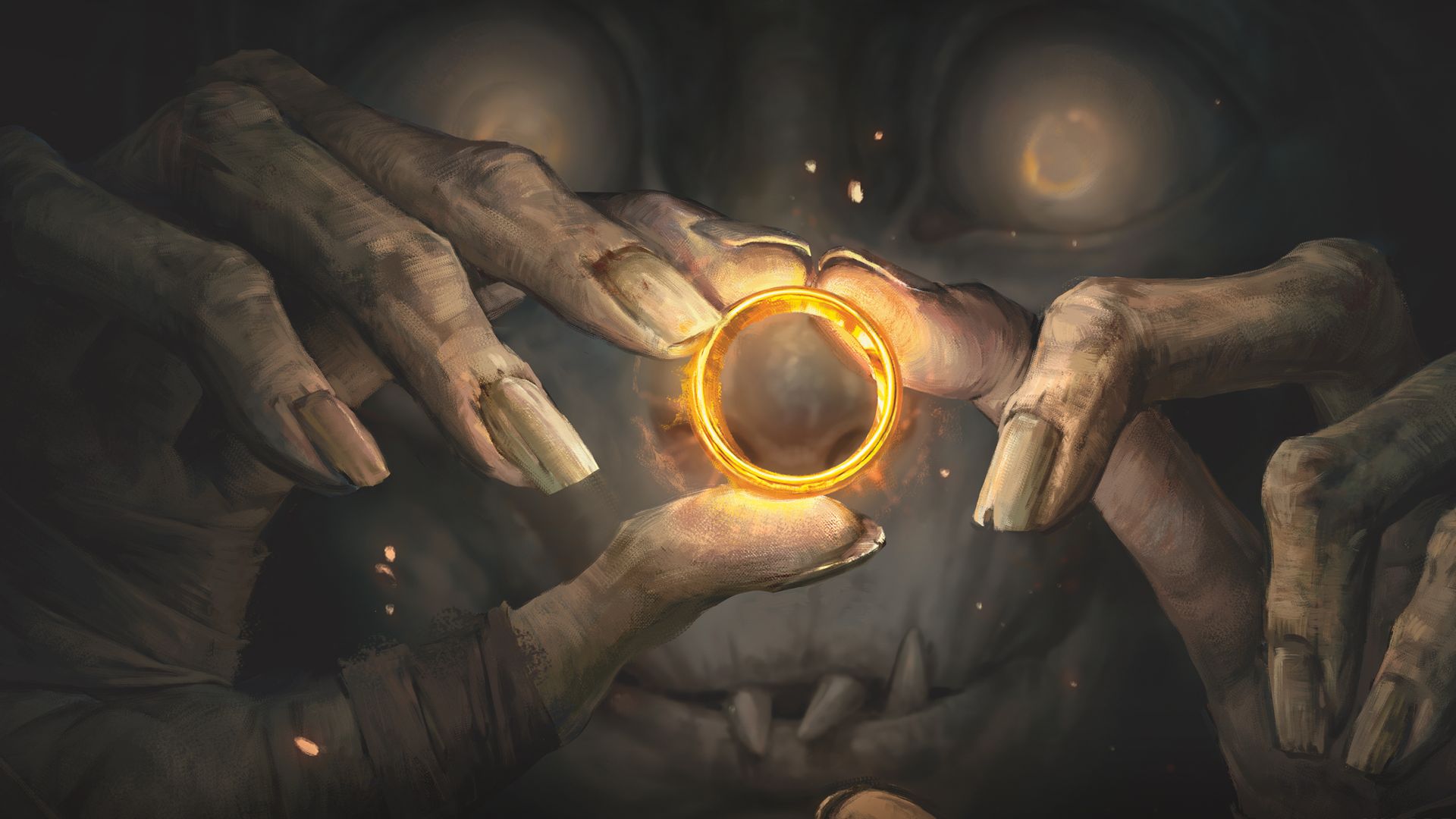 Gollum holds up the One Ring, art from the My Precious card in Magic: The Gathering