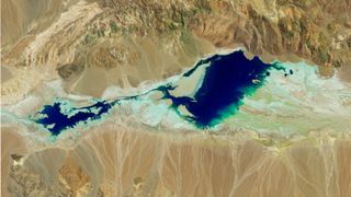 A satellite image of a lake in a desert