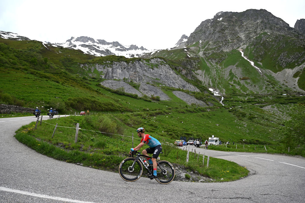 COL DE LA CROIX DE FER FRANCE JUNE 10 Victor Campenaerts of Belgium and Team Lotto Dstny competes in the breakaway climbing to the Col de la Madeleine 1993m during the 75th Criterium du Dauphine 2023 Stage 7 a 1479km stage from PortedeSavoie to Col de la Croix de Fer 2067m UCIWT on June 10 2023 in Col de la Croix de Fer France Photo by Dario BelingheriGetty Images