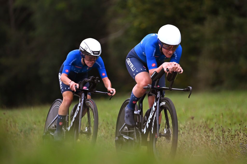 ZURICH SWITZERLAND SEPTEMBER 25 LR Gaia Realini and Elisa Longo Borghini of Team Italy sprint during the 97th UCI Cycling World Championships Zurich 2024 Mixed Relay Team Time Trial a 537km one day race from Zurich to Zurich on September 25 2024 in Zurich Switzerland Photo by Tim de WaeleGetty Images