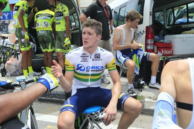 Luke Durbridge (Orica GreenEdge) discusses the final sprint with teammate Allan Davis after the stage