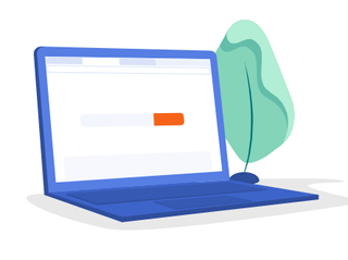 An illustrated blue laptop showing an illustrated version of the Namecheap site.