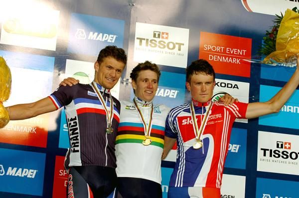 U23 men's road race podium (l-r): Adrien Petit (France), Arnaud Demare (France), Andrew Fenn (Great Britain)