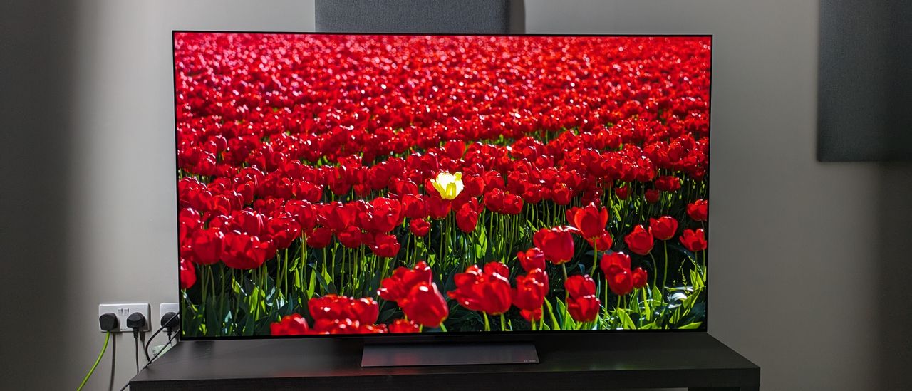 LG C5 hero image with red flowers on screen
