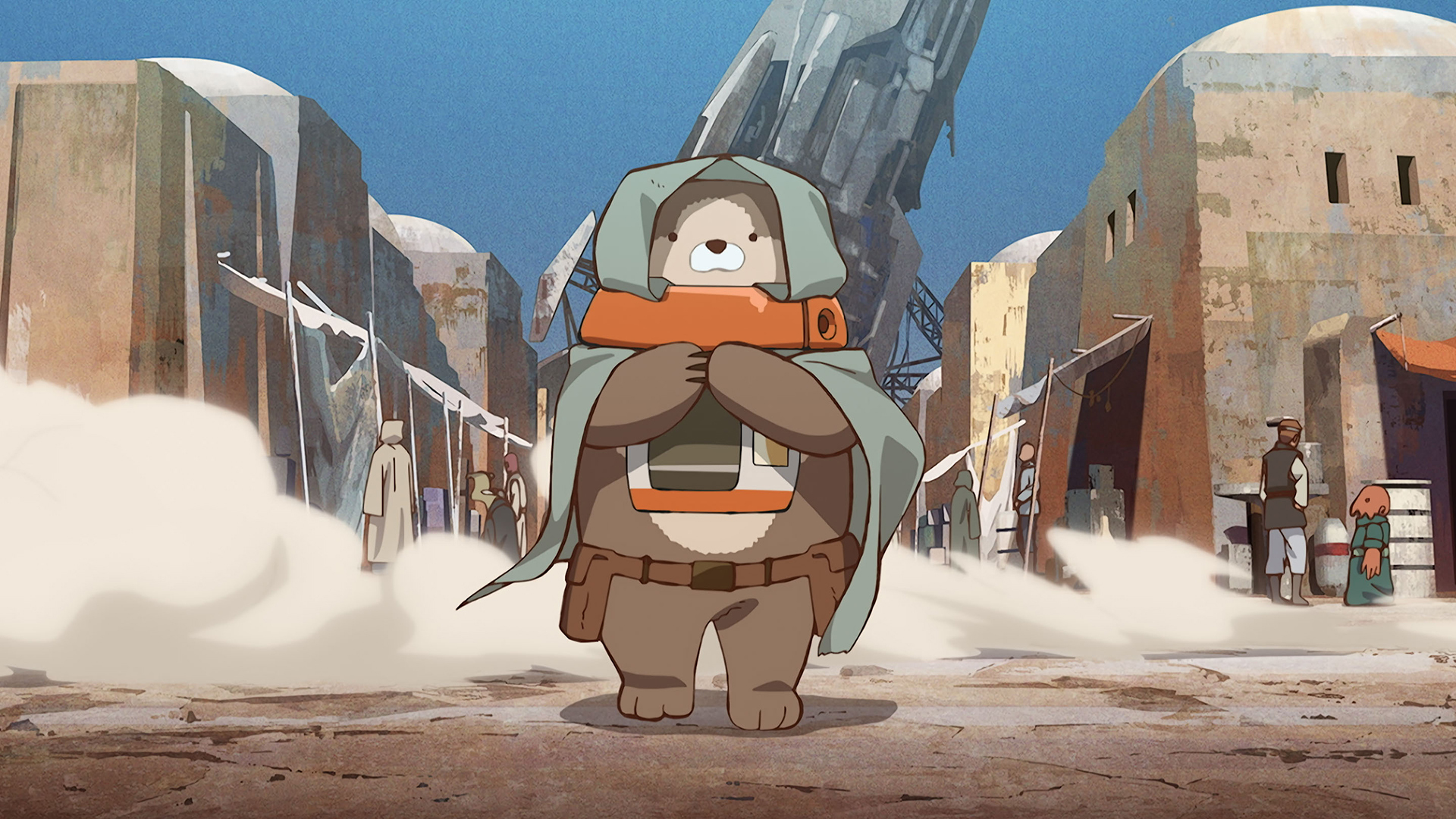 Still from the animated TV anthology series "Star Wars: Visions Volume 3". This episode is called 'Yuko's Treasure' by Kinema Citrus. A bear-like creature is walking down a dusty street, standing on it's hind legs and wearing a green cloak.