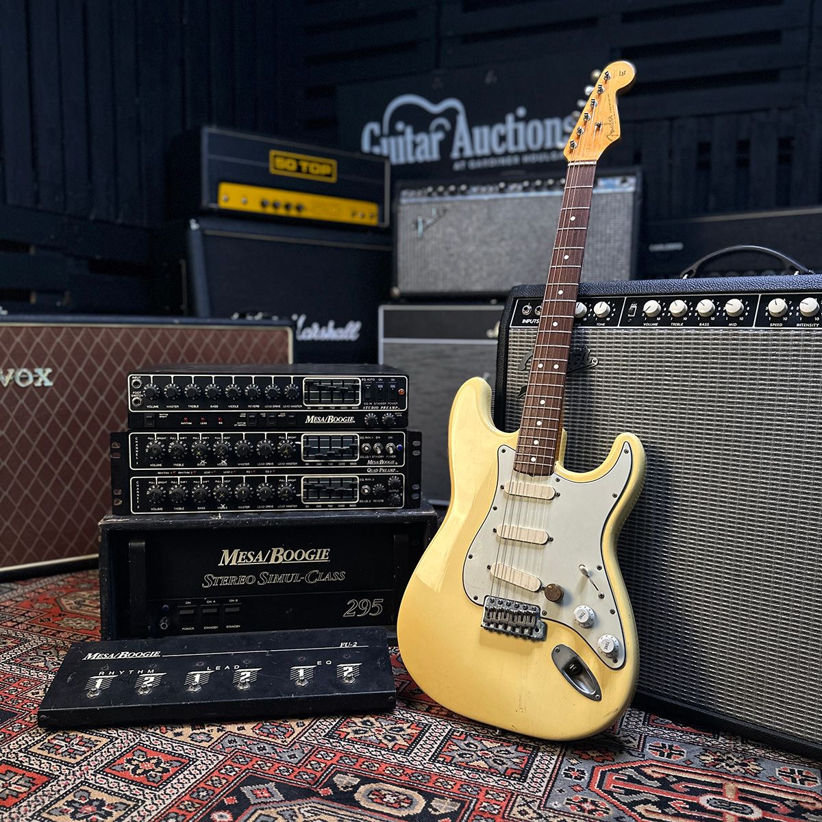 various photos of the Johnny Marr Strat and Mesa Boogie Gardiner Houlgate auction
