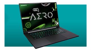 Gigabyte Aero X16 gaming laptop on a blue background