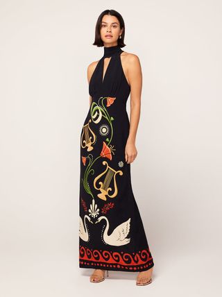 Jacquetta Black Cygnus and Lyra Print Halterneck Maxi Dress