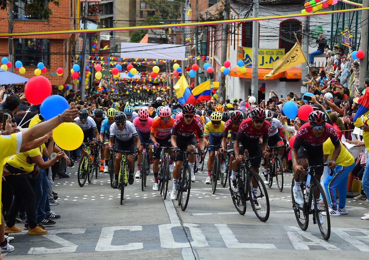 Sergio Higuita (EF Pro Cycling) and Egan Bernal (Team Ineos) at the bottom of the stage 6 final climb at Tour Colombia 2.1