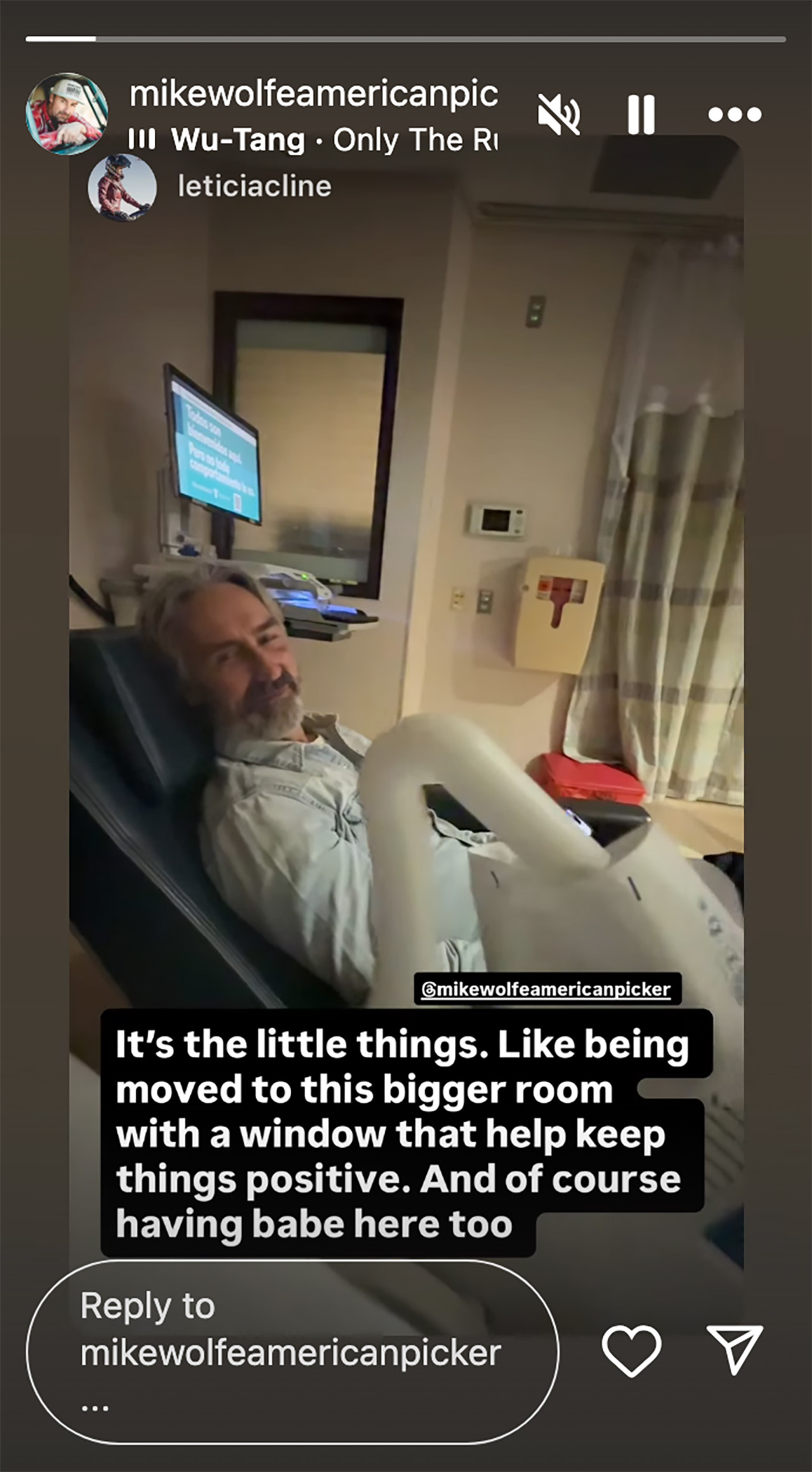 Leticia Cline posted a video from Vanderbilt Hospital with Mike Wolfe at her side.