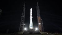 Blue Origin's New Glenn rocket on the pad at Launch Complex 36 (LC-36) at Cape Canaveral Space Force Station in Florida on Feb. 21, 2024.