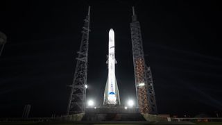 Blue Origin&#039;s New Glenn rocket on the pad at Launch Complex 36 (LC-36) at Cape Canaveral Space Force Station in Florida on Feb. 21, 2024.