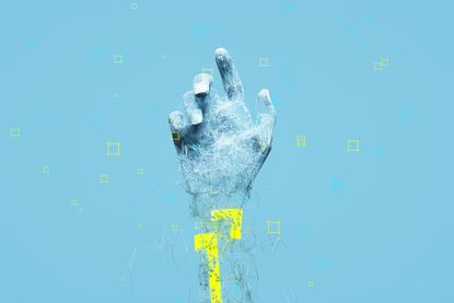 Digital generated image of plexus connections forming human's hand against blue background. Technology and AI concept