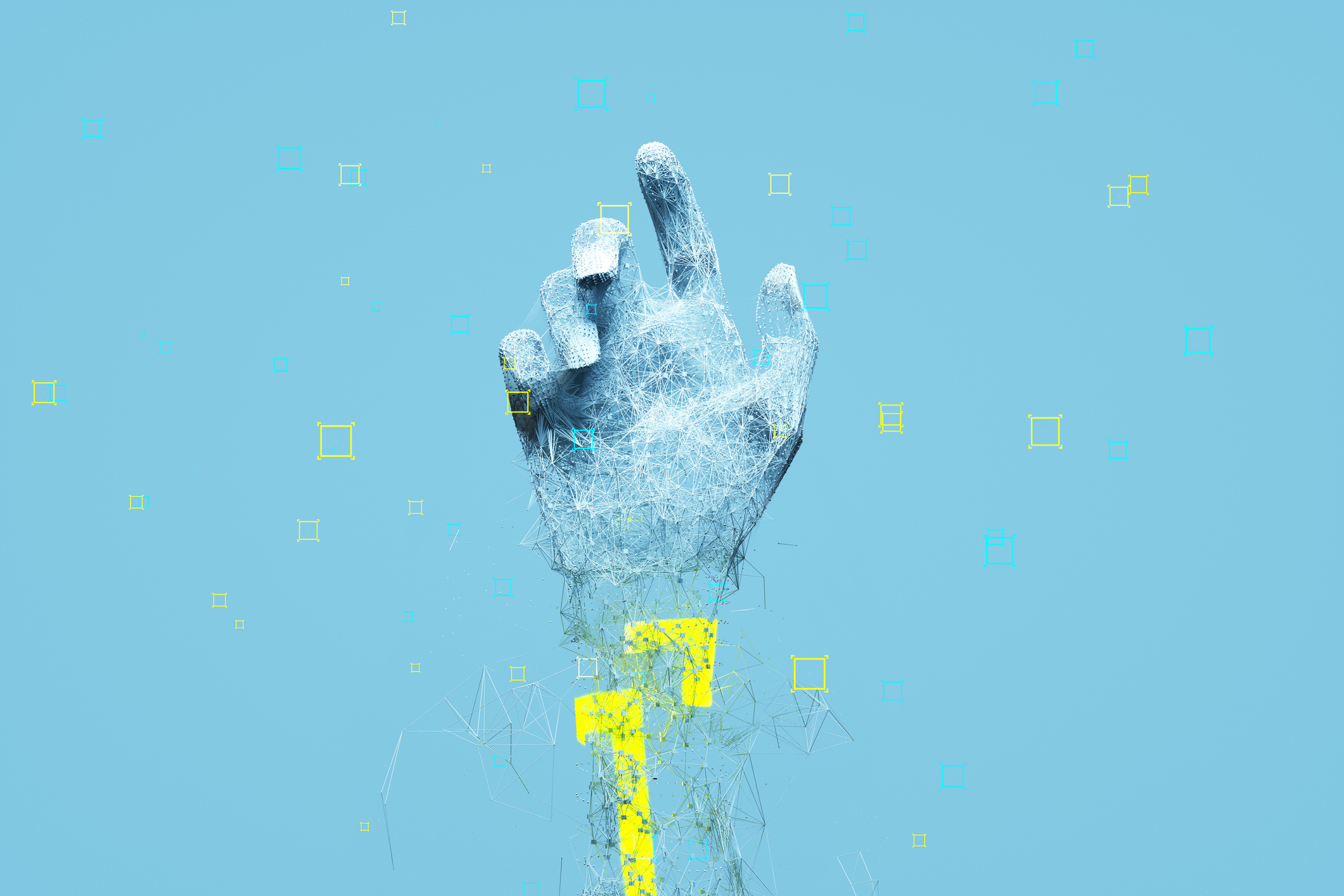 Digital generated image of plexus connections forming human's hand against blue background. Technology and AI concept
