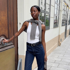 Sylvie Mus wearing dark wash jeans