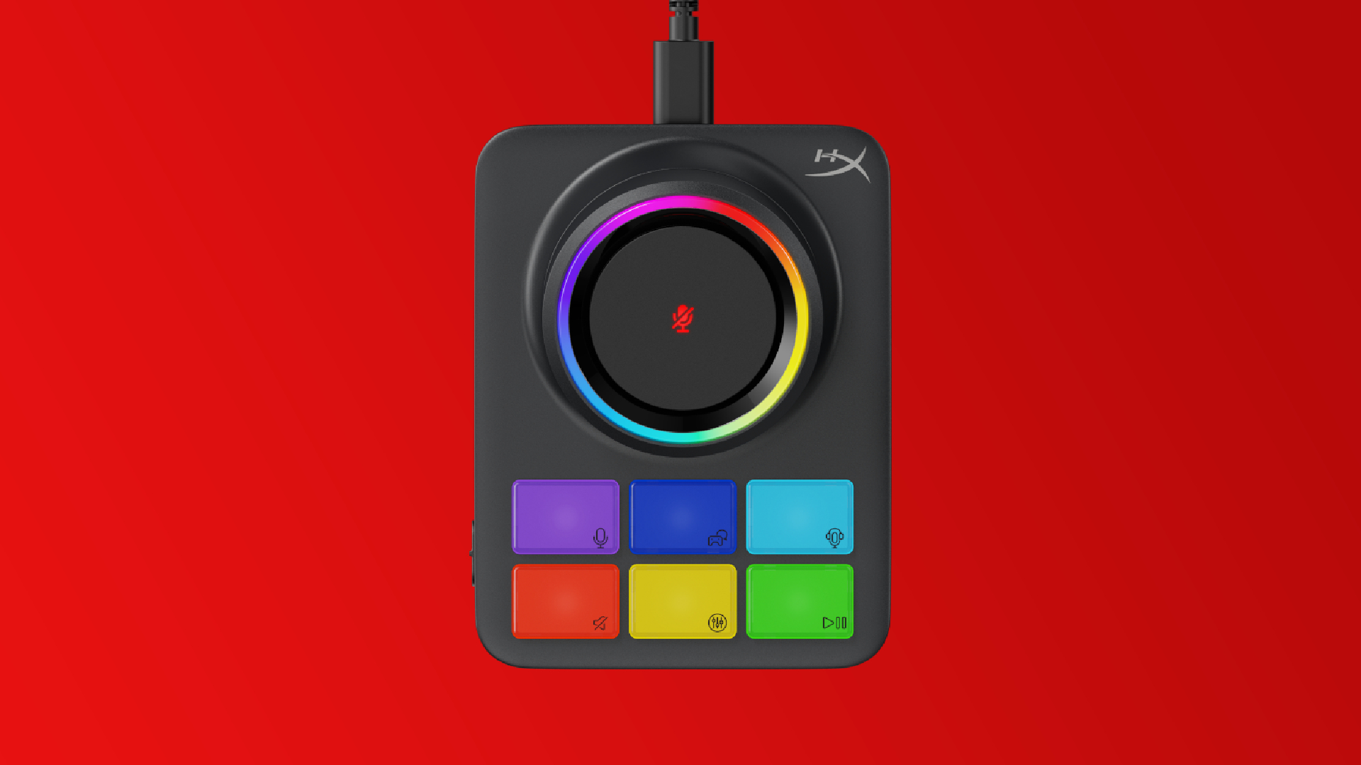 The RGB base station hub for the HyperX Cloud Alpha 2 Wireless on a red gradient background