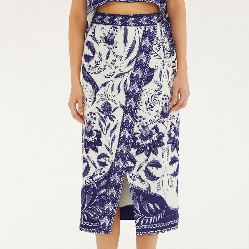 Farm Rio, blue and white wrap skirt