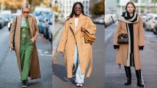 street style influencers wearing camel coat outfits for weekend