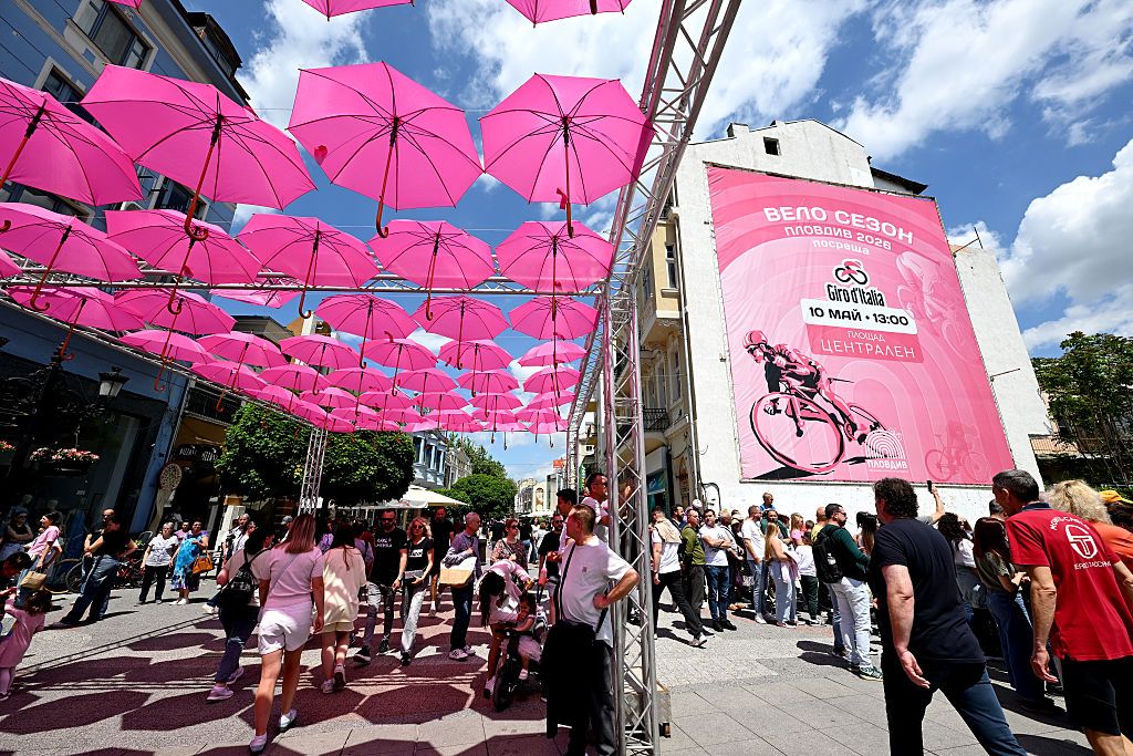 PLOVDIV, BULGARIA - MAY 10: Pink umbrellas decoration prior to the 109th Giro d&amp;apos;Italia 2026, Stage 3 a 175km stage from Plovdiv to Sofia / #UCIWT / on May 10, 2026 in Plovdiv, Bulgaria. (Photo by Tim de Waele/Getty Images)