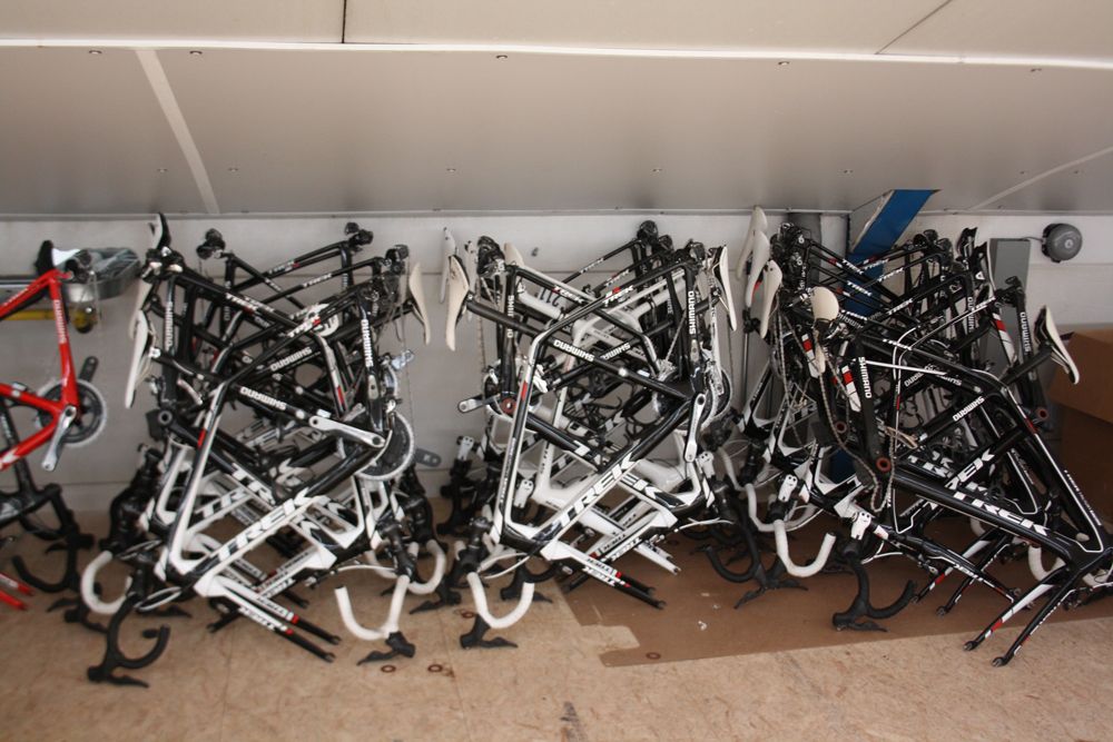 Old 2014 frames sit neatly on the upper deck of the service course
