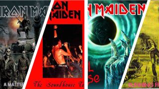 Segments of four Iron Maiden single covers