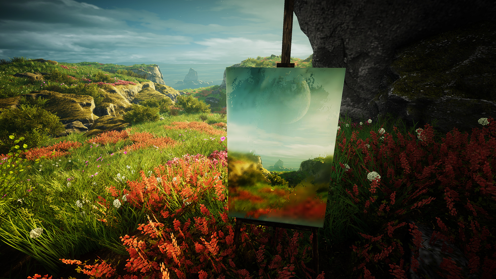 A screenshot from painter game Eastshade showing an easel and a developing picture of a landscape on its canvas