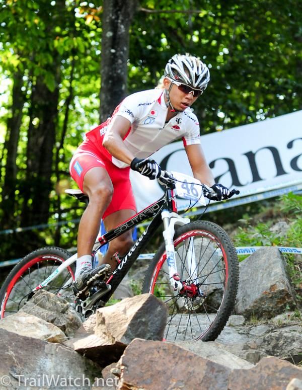 Yu Takenoouchi (Japan) rides a typical Mont-Sainte-Anne trail