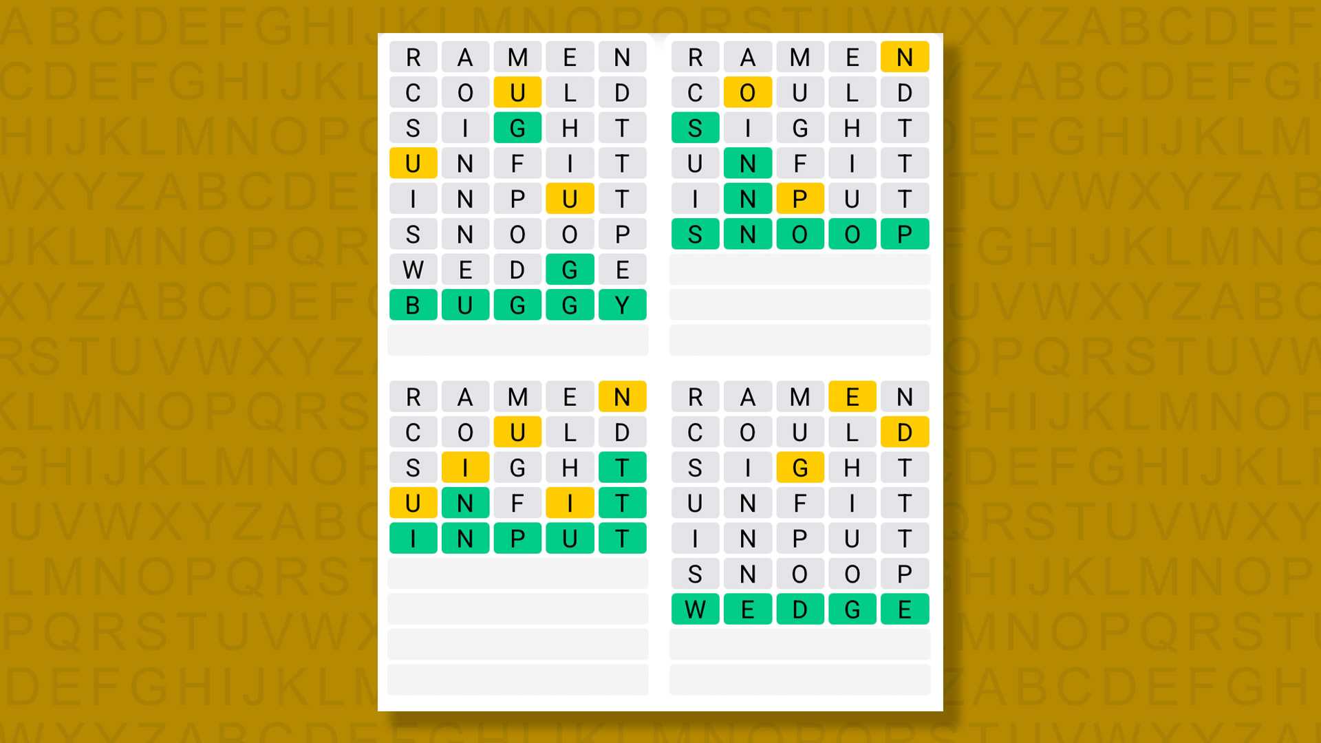 Quordle answers for game 1380 on a yellow background