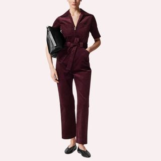 flat lay image of cord red jumpsuit