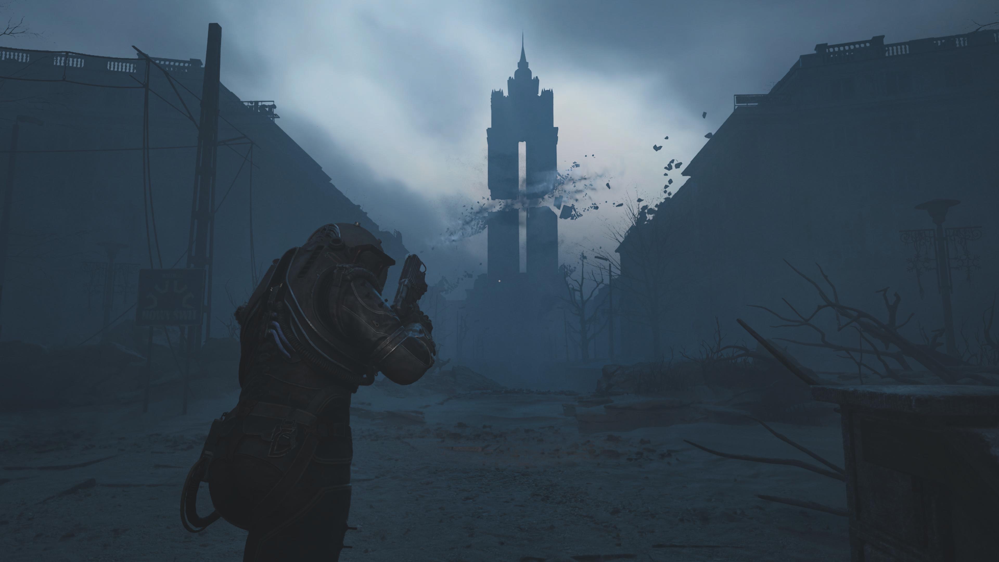 A screenshot shows the Cronos: The New Dawn protagonist running toward a tall building sliced in half