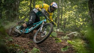 An enduro bike hammers a loamy, wooded descent