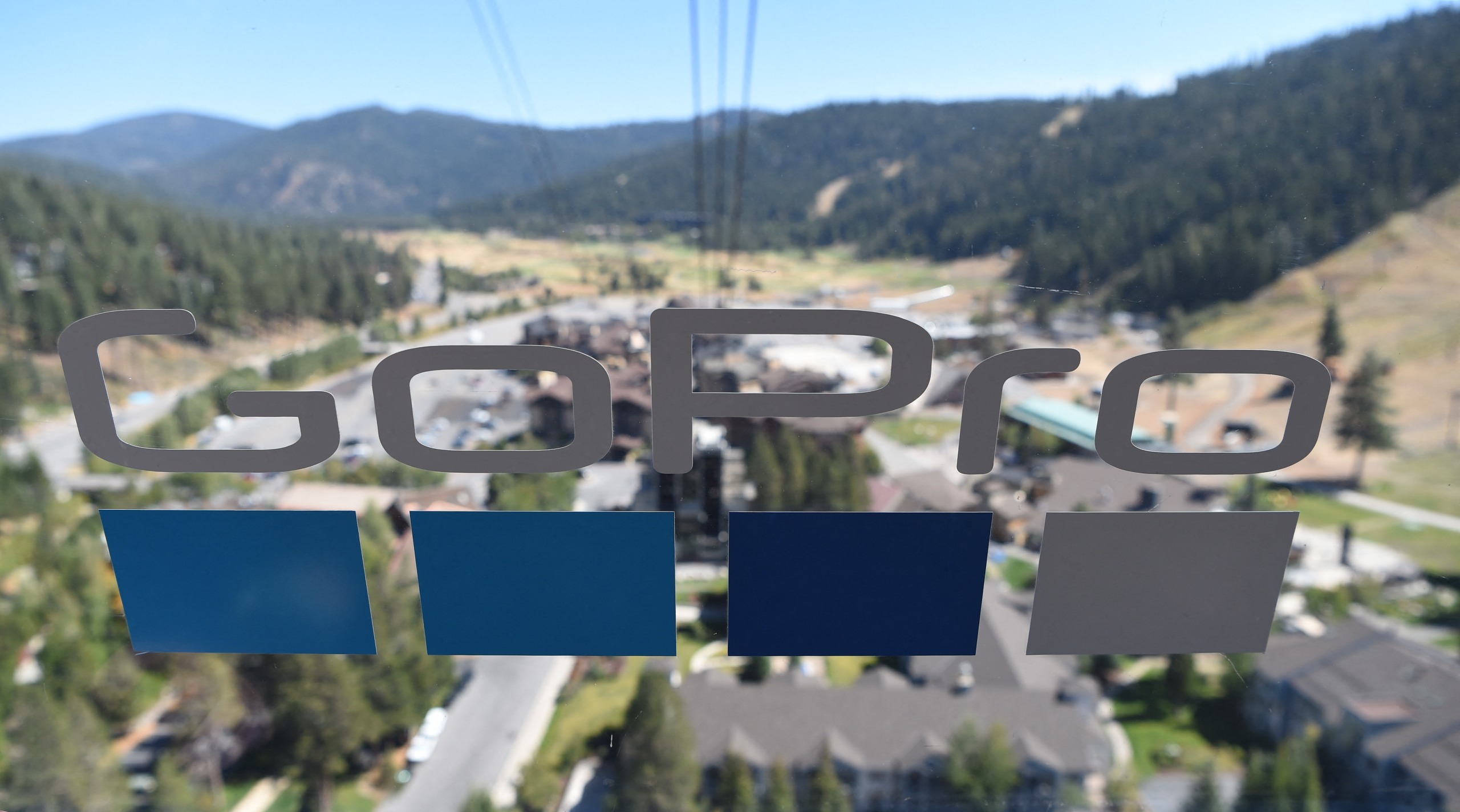 The GoPro logo on the window of a tram