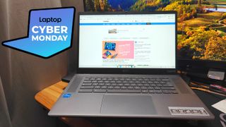 Acer Chromebook Plus 515 on a desk with a Cyber Monday deal logo