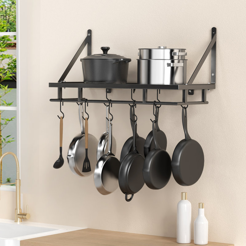 Prep & Savour Wall Mounted Pot Rack Kitchen 24 Inch Hanging Storage Organizer Wall Shelf With Hooks Matte Black & Reviews | Wayfair