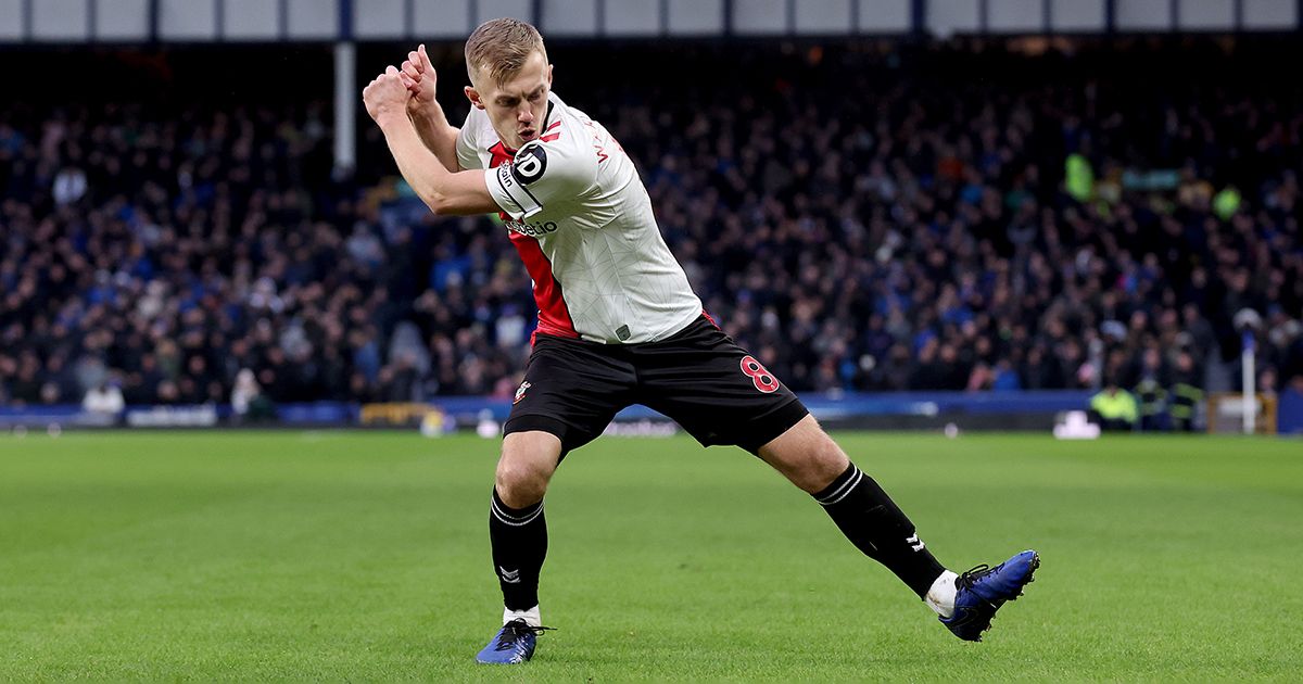 Manchester United target James Ward-Prowse celebrates after scoring the team&#039;s first goal during the Premier League match between Everton FC and Southampton FC at Goodison Park on January 14, 2023 in Liverpool, England.