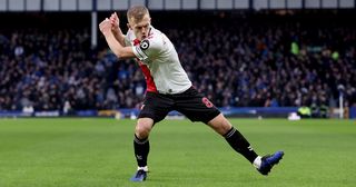 James Ward-Prowse of Southampton celebrates after scoring the team's first goal during the Premier League match between Everton FC and Southampton FC at Goodison Park on January 14, 2023 in Liverpool, England.