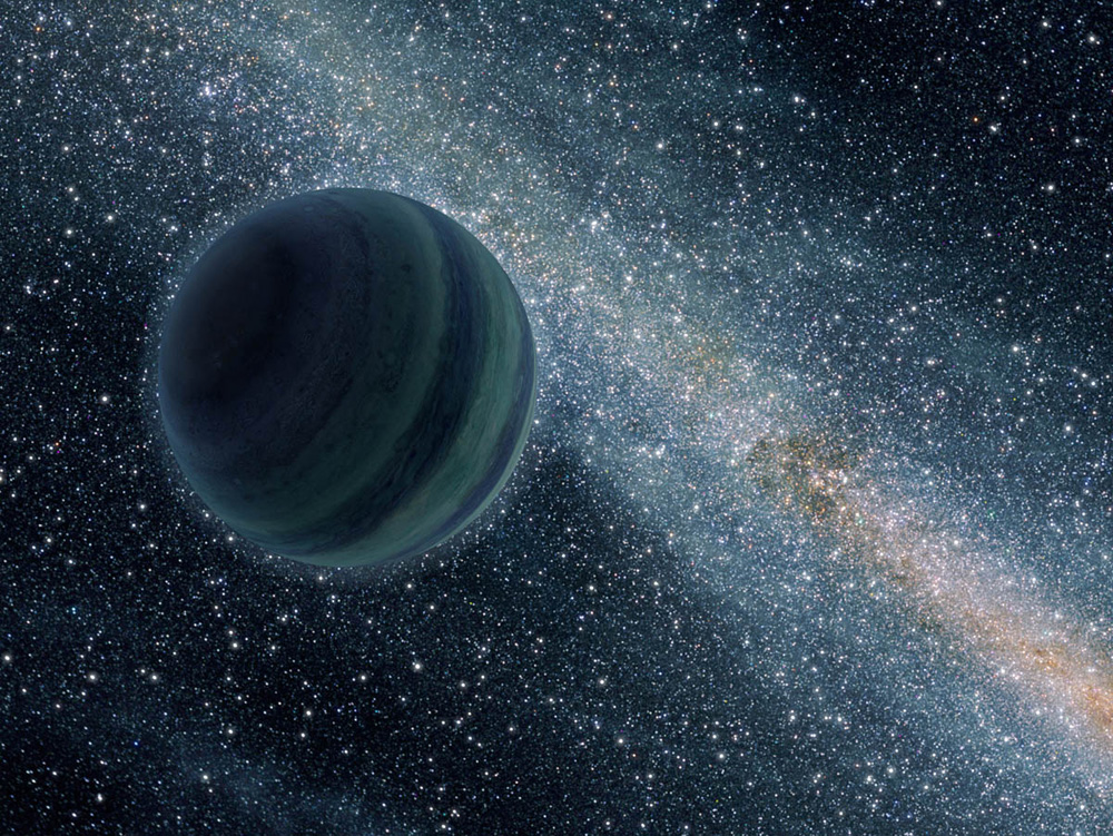 Artist&#039;s concept showing a free-floating planet with roughly the mass of Jupiter. These lone worlds, perhaps ejected from the planetary systems of their birth, are probably more common in our galaxy than stars.