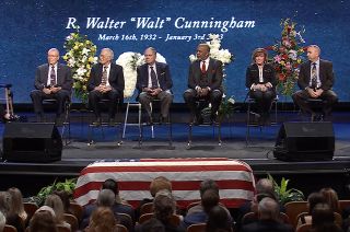 Apollo 13 pilot Fred Haise, Apollo 16 moonwalker Charlie Duke and STS-1 pilot Bob Crippen joined fellow astronauts Bernard Harris, Anna Fisher and Randy Bresnik for a panel in memory of Apollo 7 pilot Walt Cunningham on Tuesday, Jan. 24, 2023.