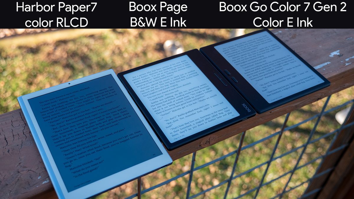Comparing color RLCD, color E Ink, and black &amp; white E Ink on a Harbor Paper 7, Onyx Boox Page, and Onyx Boox Go Color 7 Gen 2