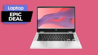 HP Chromebook x360 14b in silver colorway with black keys against a pink background