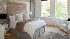 Large bedroom with wallpaper on walls and luxury bedding with lots of pillows to show how to make your bedroom feel like a luxury hotel