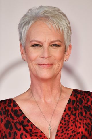Jamie Lee Curtis is pictured with grey hair whilst attending the red carpet of the movie "Halloween Kills" during the 78th Venice International Film Festival on September 08, 2021 in Venice, Italy.