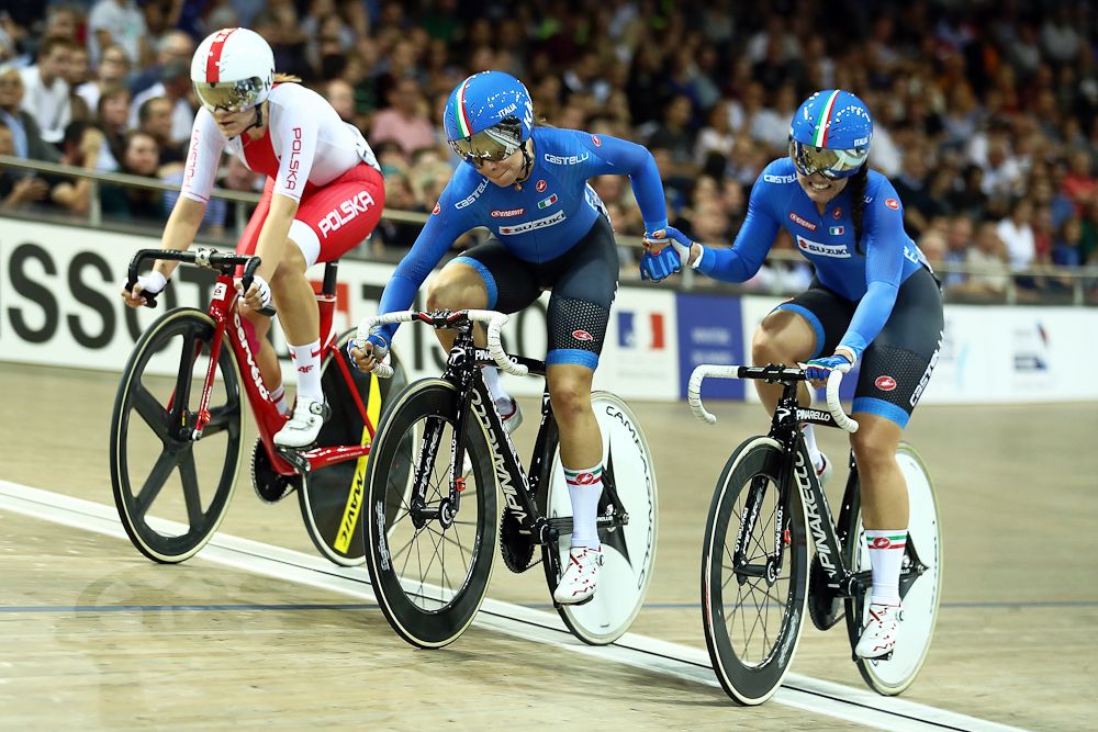 Letizia Paternoster and Rachele Barbieri of Italy compete in the Women's Maidison on day two of the UCI Track Cycling World Cup on October 20 in Paris