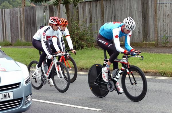 Ryder Hesjedal (Canada) and defending Olympic time trial champion Fabian Cancellara (Switzerland) on the Olympic time trial course.