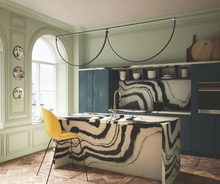 kitchen with patterned stone island