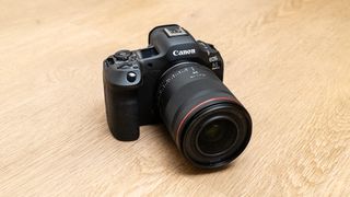Canon EOS R5 Mark II top view with RF 24mm f/1.4L lens attached